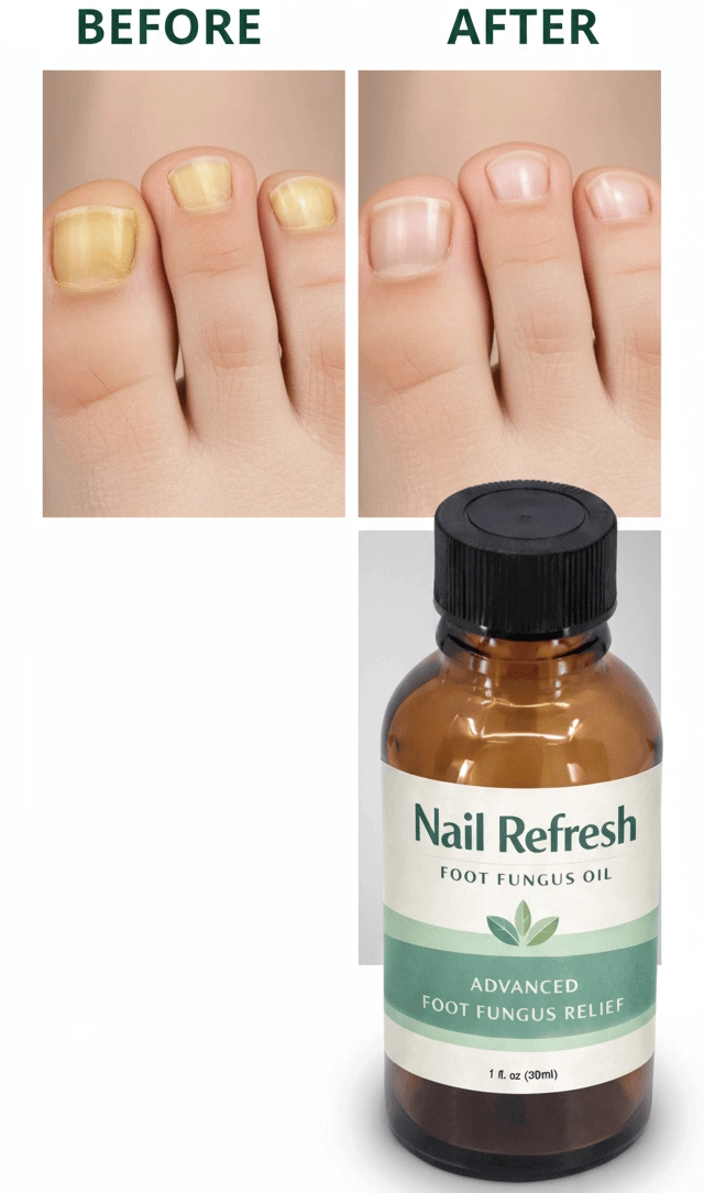 Before and after results of Nail Refresh — clear healthy toenails after biofilm treatment